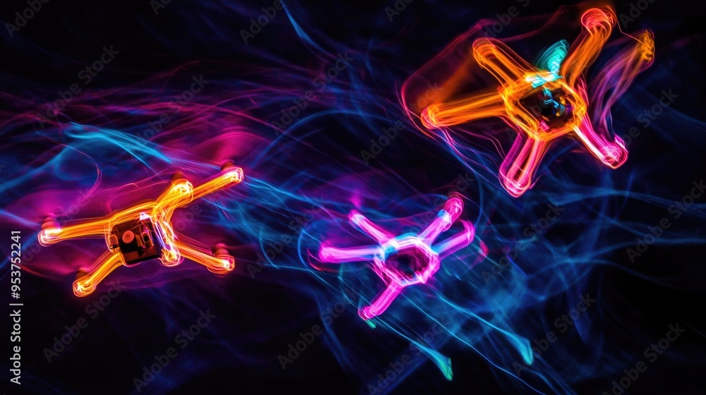 Poster drones creating beautiful neon light formations in the sky, set against a dynamic black background, 