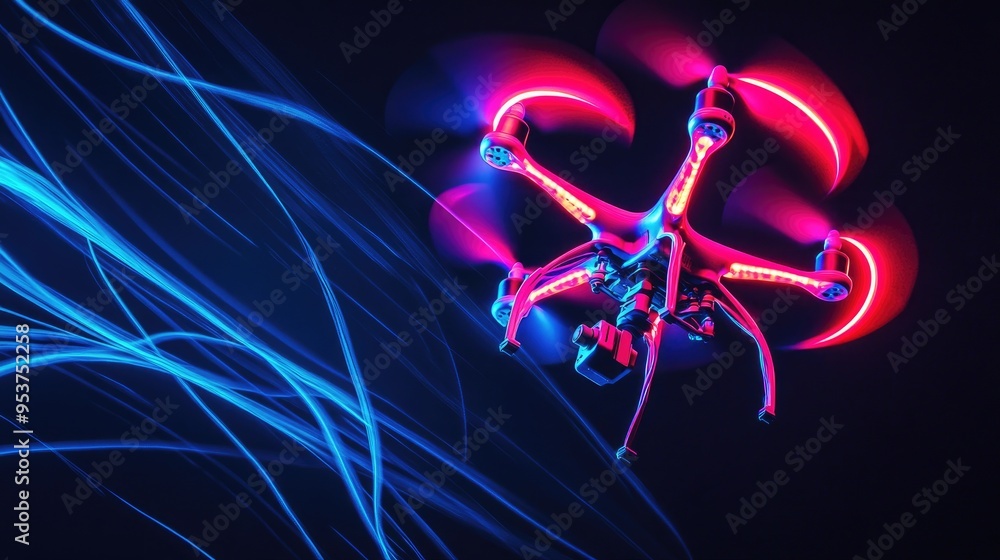 Poster drones creating beautiful neon light formations in the sky, set against a dynamic black background, 