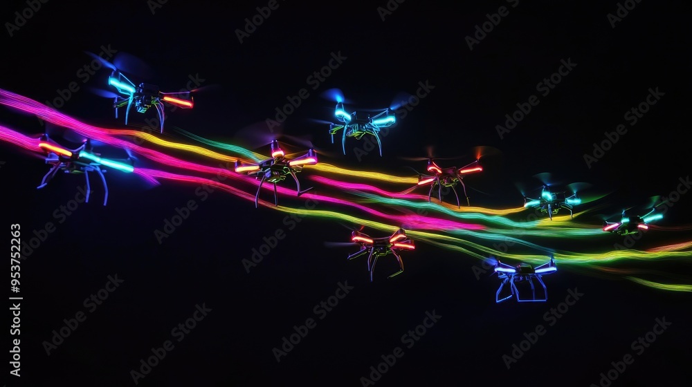 Poster drones creating intricate neon light designs in the sky, set against a dynamic black background, cre