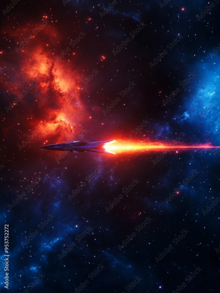 Poster A futuristic spaceship with glowing engines streaks across the cosmos, leaving a trail of fire against a backdrop of vibrant red and blue nebulae, symbolizing the vastness of space, exploration, innov