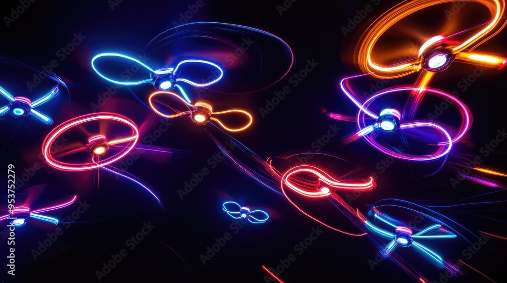 Poster drones creating intricate neon light designs in the sky, set against a dynamic black background, cre