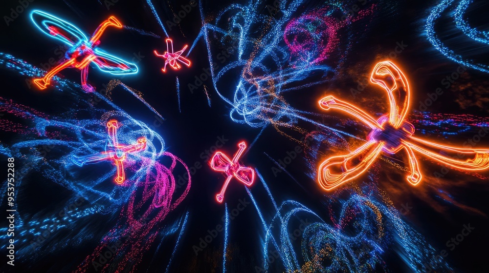 Poster drones creating intricate neon light designs in the sky, set against a dynamic black background, cre