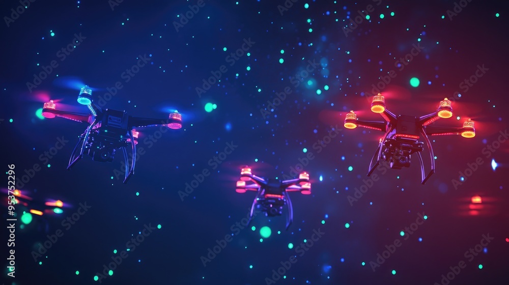 Poster drones creating intricate neon light designs in the sky, set against a dynamic black background, cre