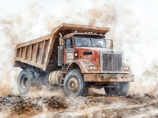 Dump truck unloading gravel at a construction site, dusty atmosphere, watercolor style
