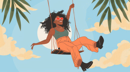 A woman enjoys swinging in a tropical setting, wearing sunglasses and bright clothing while smiling happily under the sun