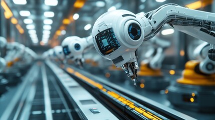 Fototapeta premium Futuristic Automated Manufacturing Line with Robotic Arms Revolutionizing Production Process