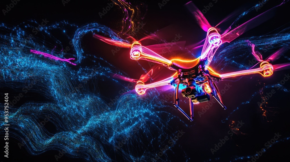 Poster drones creating stunning neon light patterns in the sky, with a dynamic black background enhancing t