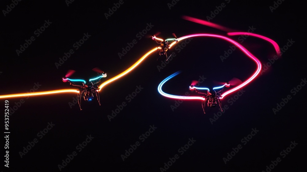 Poster drones creating stunning neon light formations in the sky, set against a dynamic black background, c