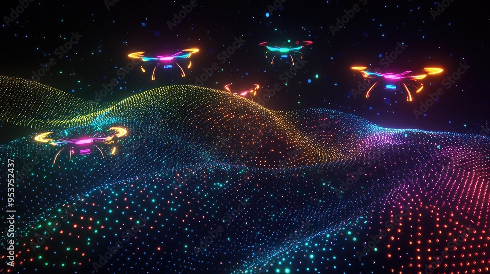 Poster drones emitting neon lights in the sky, forming beautiful and intricate patterns against a dynamic b