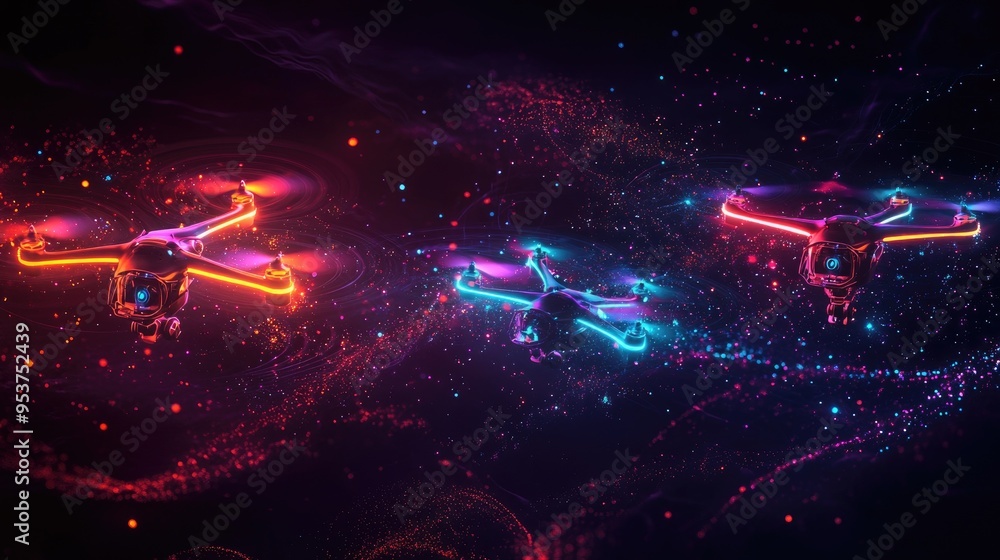 Poster drones emitting neon lights in the sky, forming beautiful and intricate patterns against a dynamic b