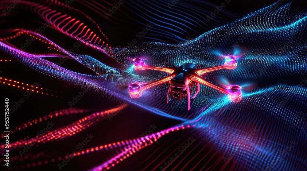 Poster drones emitting neon lights in the sky, forming beautiful and intricate patterns against a dynamic b