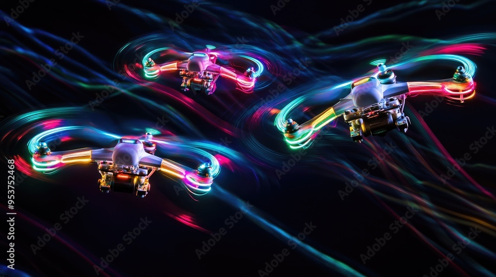 Poster drones emitting neon lights in various patterns, creating a stunning visual display against a dynami