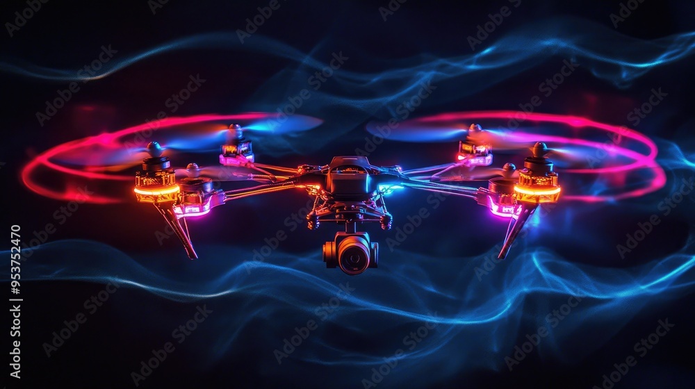 Poster drones emitting neon lights in various patterns, creating a stunning visual display against a dynami