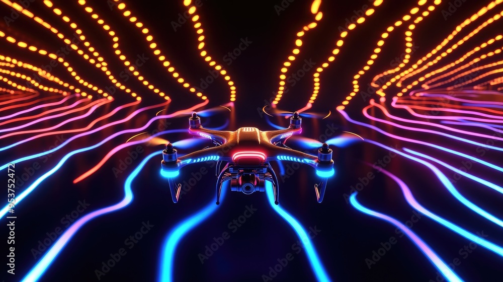 Poster drones emitting neon lights in various patterns, creating a stunning visual display against a dynami