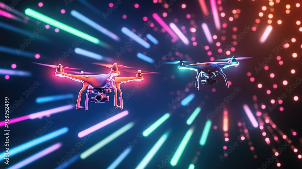 Poster drones emitting neon lights in various patterns, creating a stunning visual display against a dynami