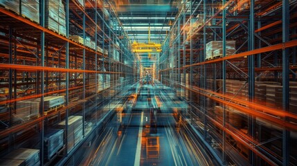 A Warehouse Interior with Blurred Motion and Stacks of Goods on Shelves