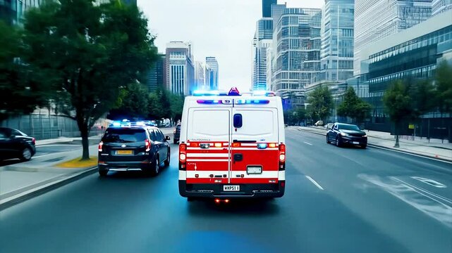 Ambulance speeding to emergency through city streets. AI generated.