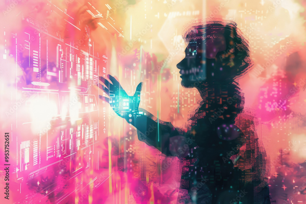 Poster the individual reaches out to touch a holographic display filled with colorful data and light patter