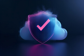 3D render of a cloud security shield with a checkmark icon on a dark background,