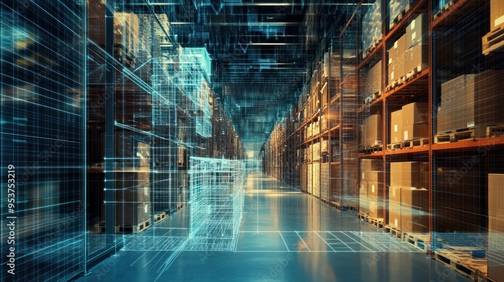 Poster Warehouse with Digital Overlay Showing Storage Optimization