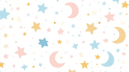 Cute Hand Drawn Seamless Pattern with Stars and Moons on White Background