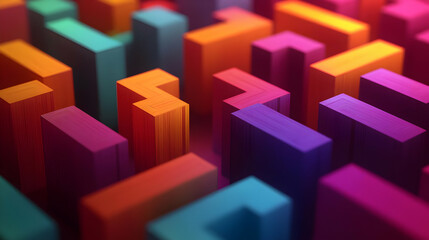 Fototapeta premium Abstract 3D colorful blocks in a maze-like pattern.