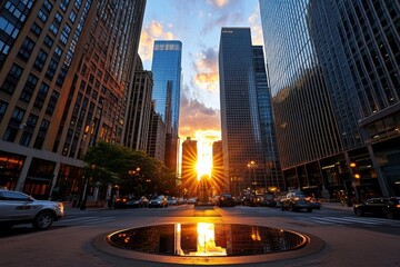 Obraz premium Amazing Sunset Golden, Cityscape, and Reflections shown in a bustling urban setting where the sunset bathes the city in golden light, with skyscrapers reflecting the warm glow