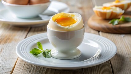 A delicate, creamy soft-boiled egg sits on a crisp white plate, its gentle curve and translucent whites inviting