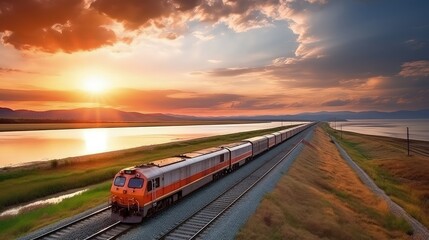 Fototapeta premium A bird's-eye view of a freight train crossing a massive bridge, spanning a wide river.