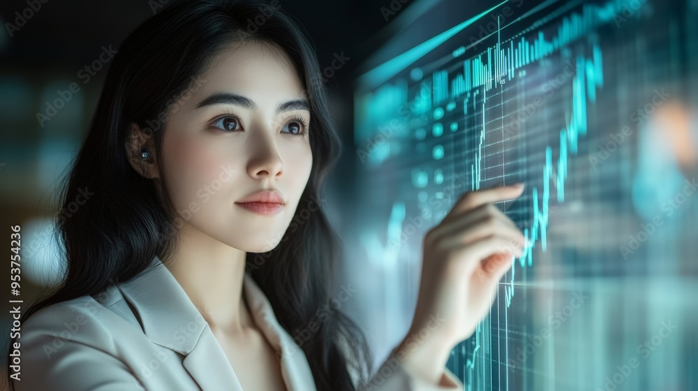 Poster Side profile of a businesswoman reviewing data on a digital screen with graphs. Data analysis and strategic planning concept in a modern office