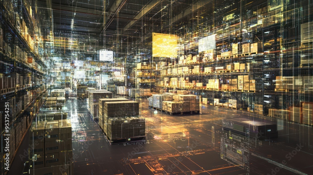 Poster warehouse with digital overlay of cityscape and data flow