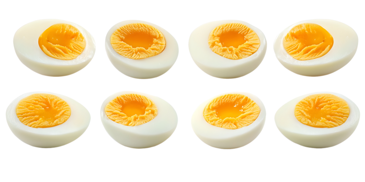 Hard boiled eggs  cut in half  isolated transparent background