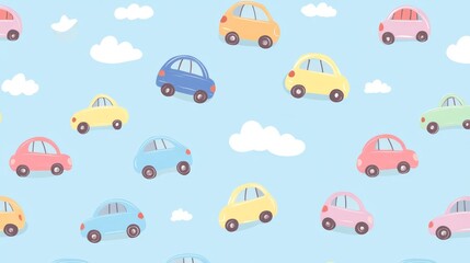 Cute Cartoon Cars Seamless Pattern Baby Blue Background