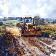 Fototapeta premium Grader smoothing a dirt road, rural landscape, late afternoon light, watercolor style