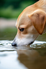 A detailed close-up of a dog's face as it drinks water, capturing the serene moment and the ripples on the water's surface.