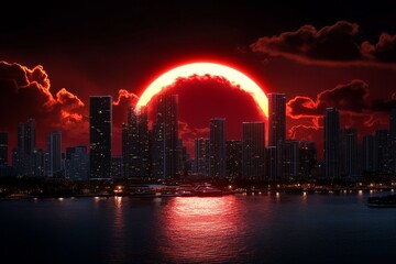 Fototapeta premium Amazing Sunset Red, Cityscape, and Romantic visualized in an urban scene where the sun sets behind the skyline, turning the sky red and creating a romantic, glowing backdrop