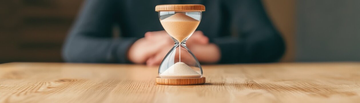 An hourglass sits on a wooden table, symbolizing time management and the passage of time in a contemplative scene.