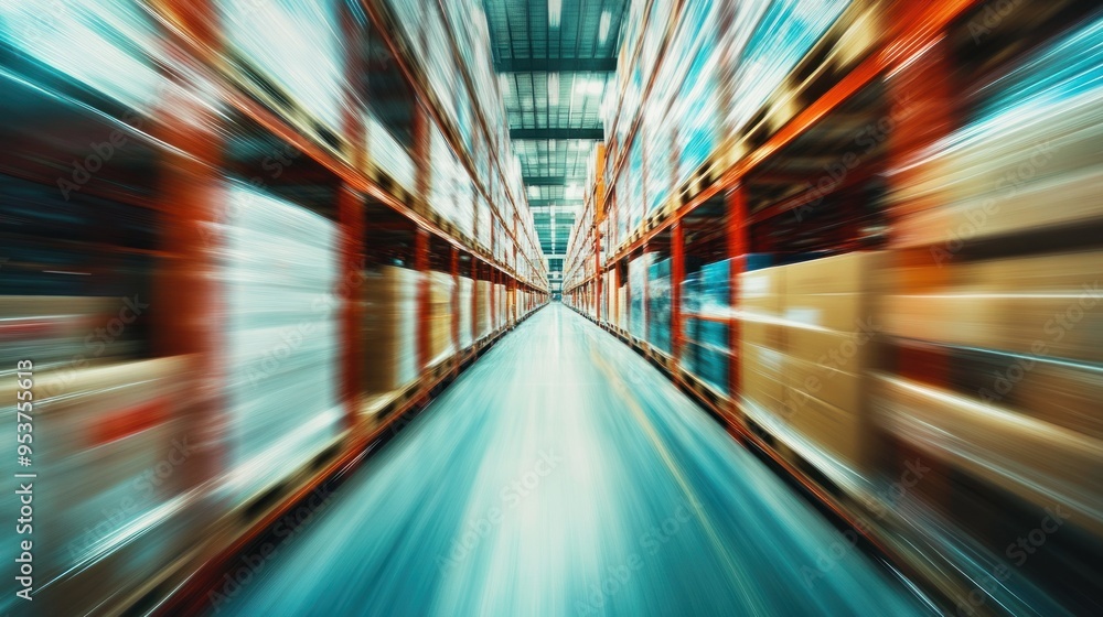Poster abstract blurred image of a warehouse with shelf rows