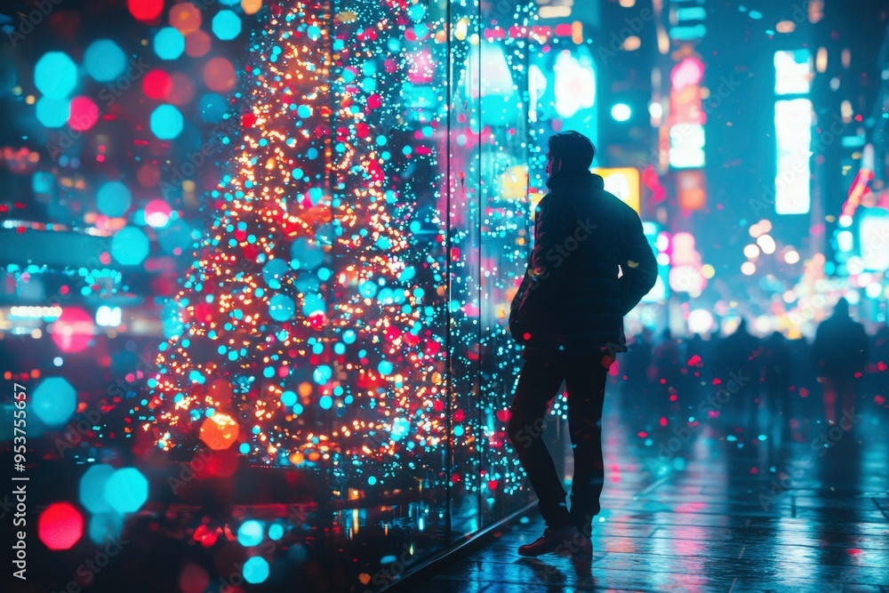 Poster man standing in front of a christmas tree reflected in a window