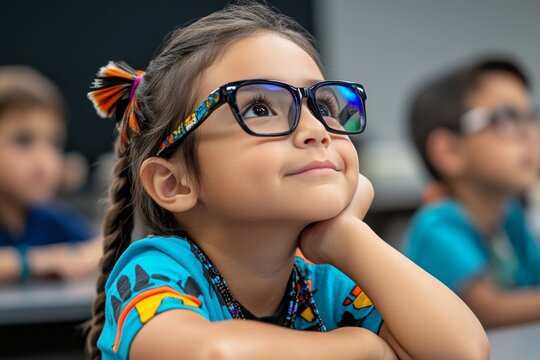American Indian Language, Cultural Revival, and Education shown in a modern classroom where children learn their native language using digital tools