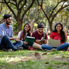 Fototapeta na wymiar indian college student group studying at park