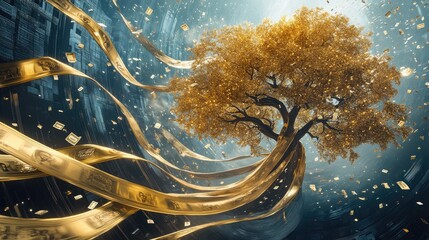 Naklejka premium Elegant gold tree adorned with money ribbons, set against a dynamic futuristic backdrop, creating a scene of prosperity