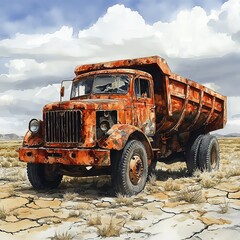 Rusty dump truck abandoned in a desert, cracked earth, watercolor style