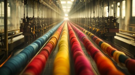 Colorful Threads Winding on Industrial Machinery in a Factory