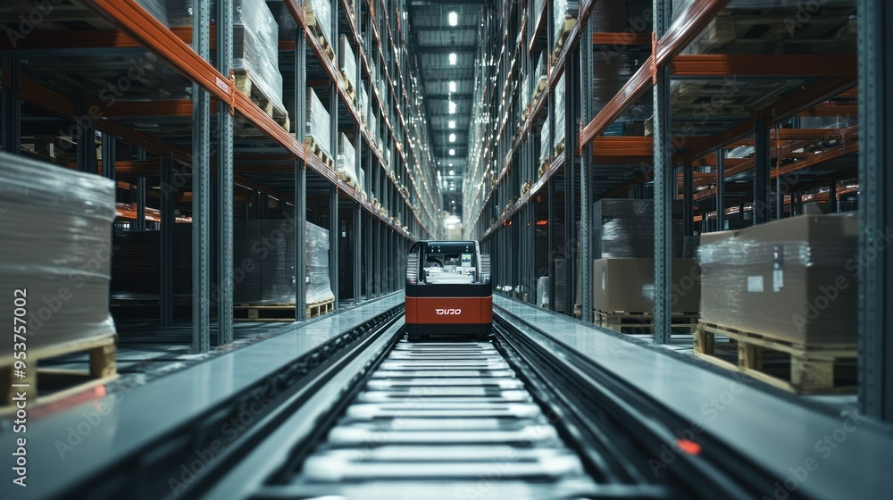 Poster Automated Guided Vehicle Moving Through a Warehouse with Pallet Storage