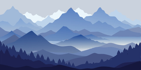 Fototapeta premium A minimalist illustration of a mountain range, with a soft blue palette and a subtle gradient effect.