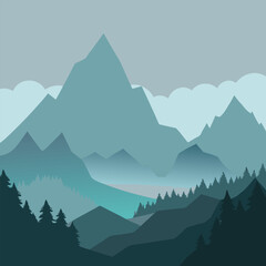 Fototapeta premium A serene mountain landscape with lush forests and a winding river, rendered in a minimalist style with soft, muted colors. This serene and minimalist vector illustration evokes a sense of and peace.