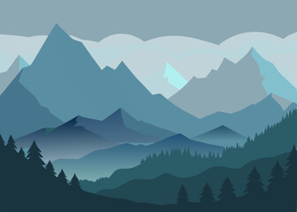  A serene landscape illustration of misty mountains and lush evergreen trees, perfect for creating a calming and peaceful atmosphere in your designs.