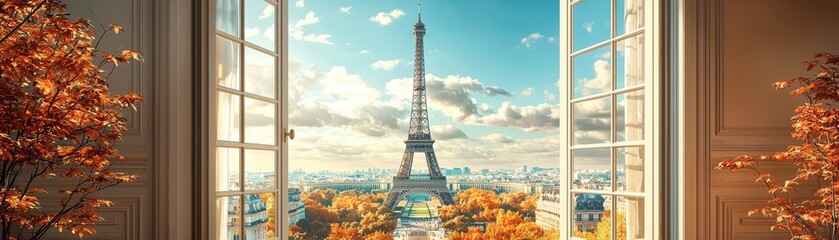 A breathtaking view of the Eiffel Tower framed by open windows, showcasing vibrant autumn colors and a beautiful sky. © Chanoknan