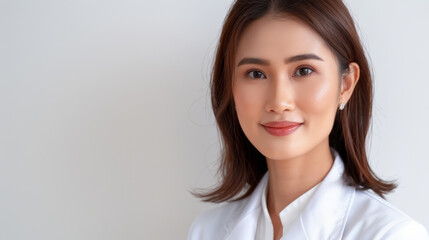 A confident young woman wearing a white coat poses in front of a clean background